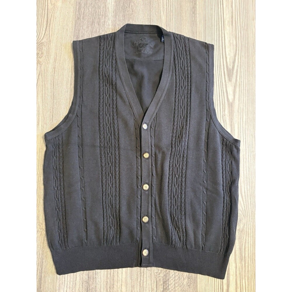 Cutter & Buck L Button Up Golf Sweater Vest Black Cable Knit 100% Cotton